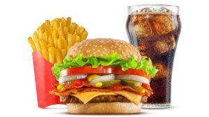 Cheeseburger, fries and soda